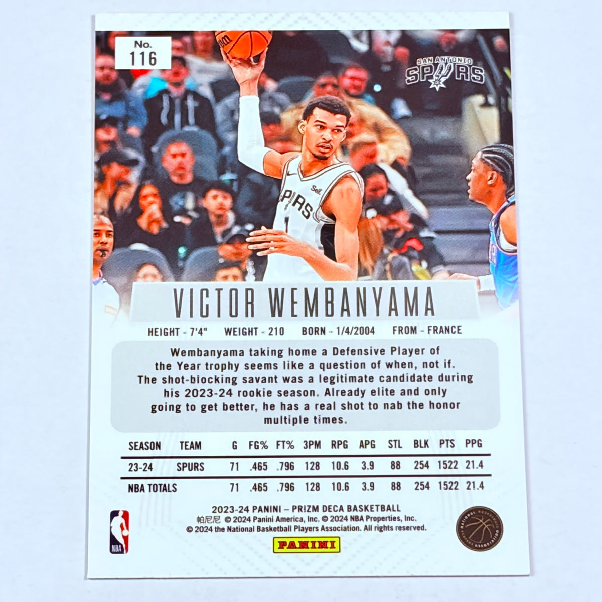 Victor Wembanyama 2023-24 Panini Prizm Deca rookie card, back