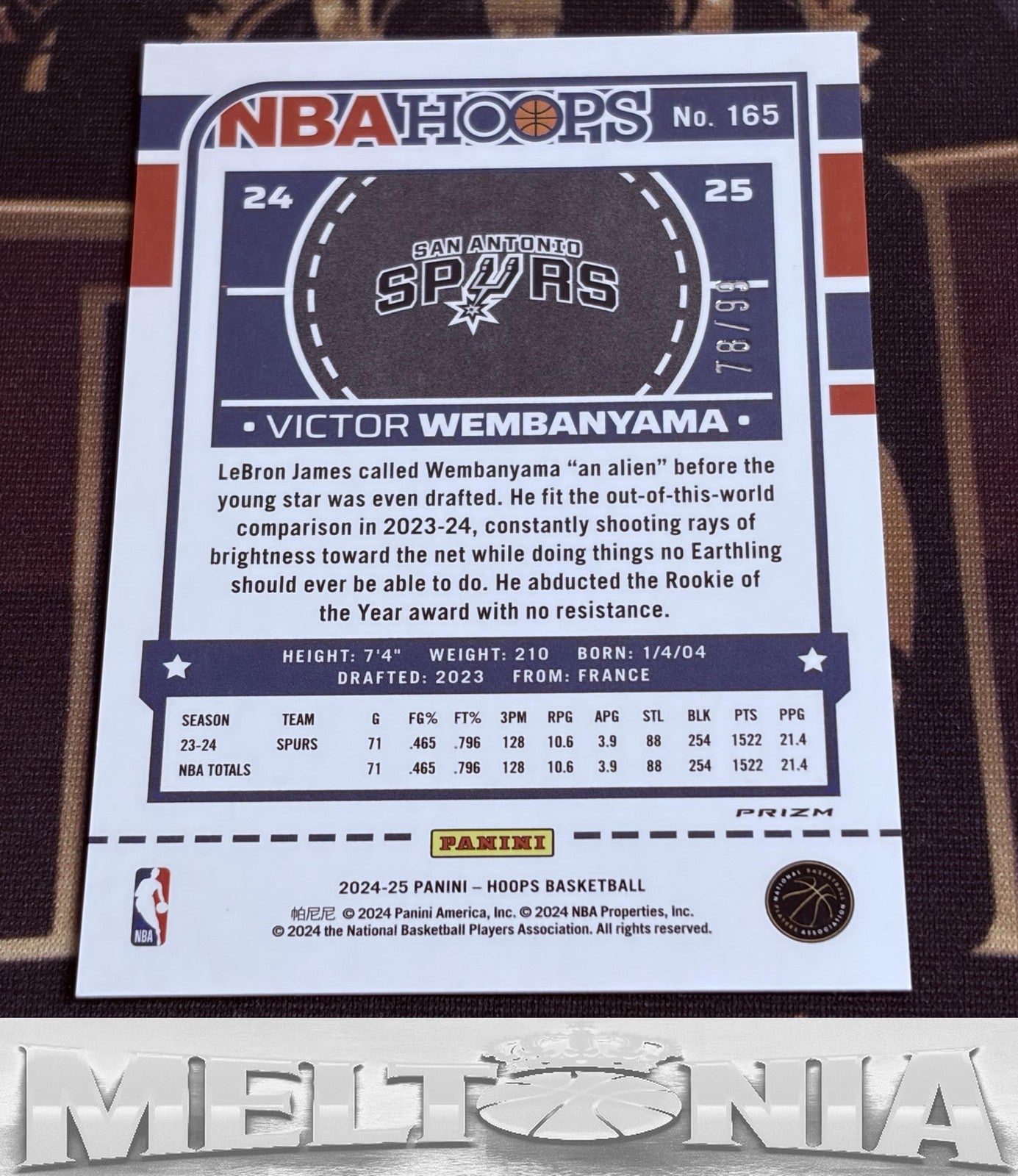 Victor Wembanyama 2024-25 Hoops #165 Premium Prizms Lazer Red 78/99