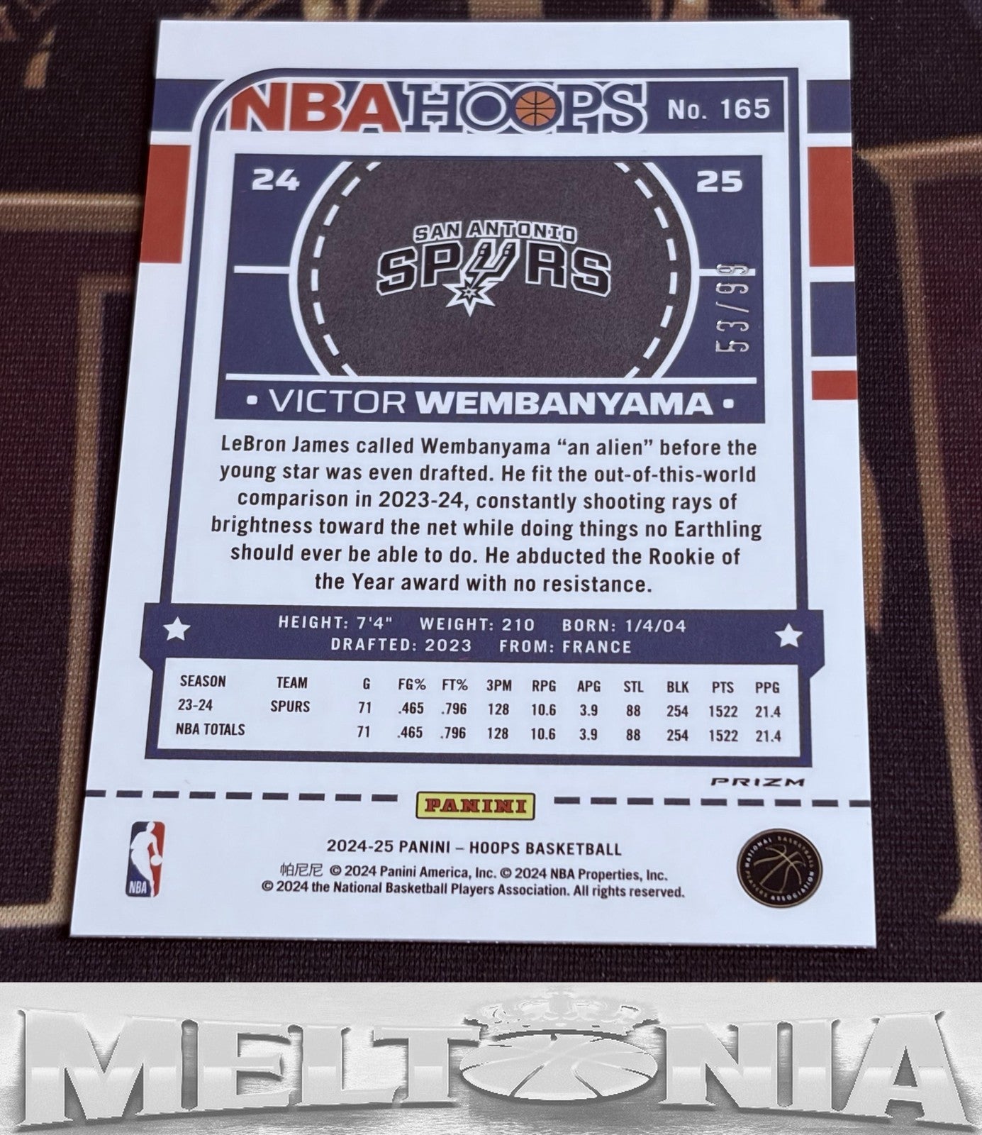 Victor Wembanyama 2024-25 Hoops #165 Premium Prizms Wave Blue 53/99