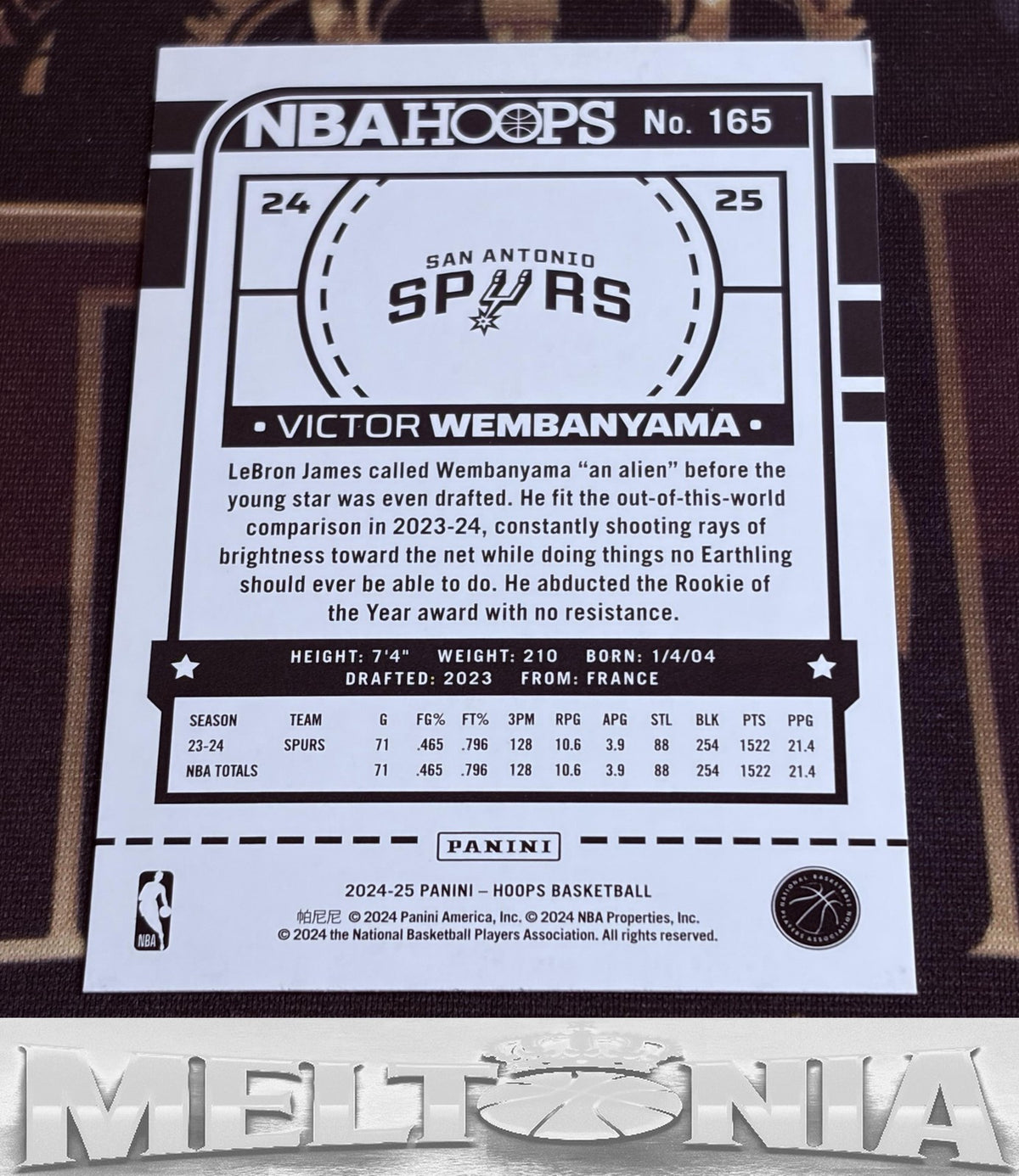 Victor Wembanyama 2024-25 Hoops Teal Explosion card, back