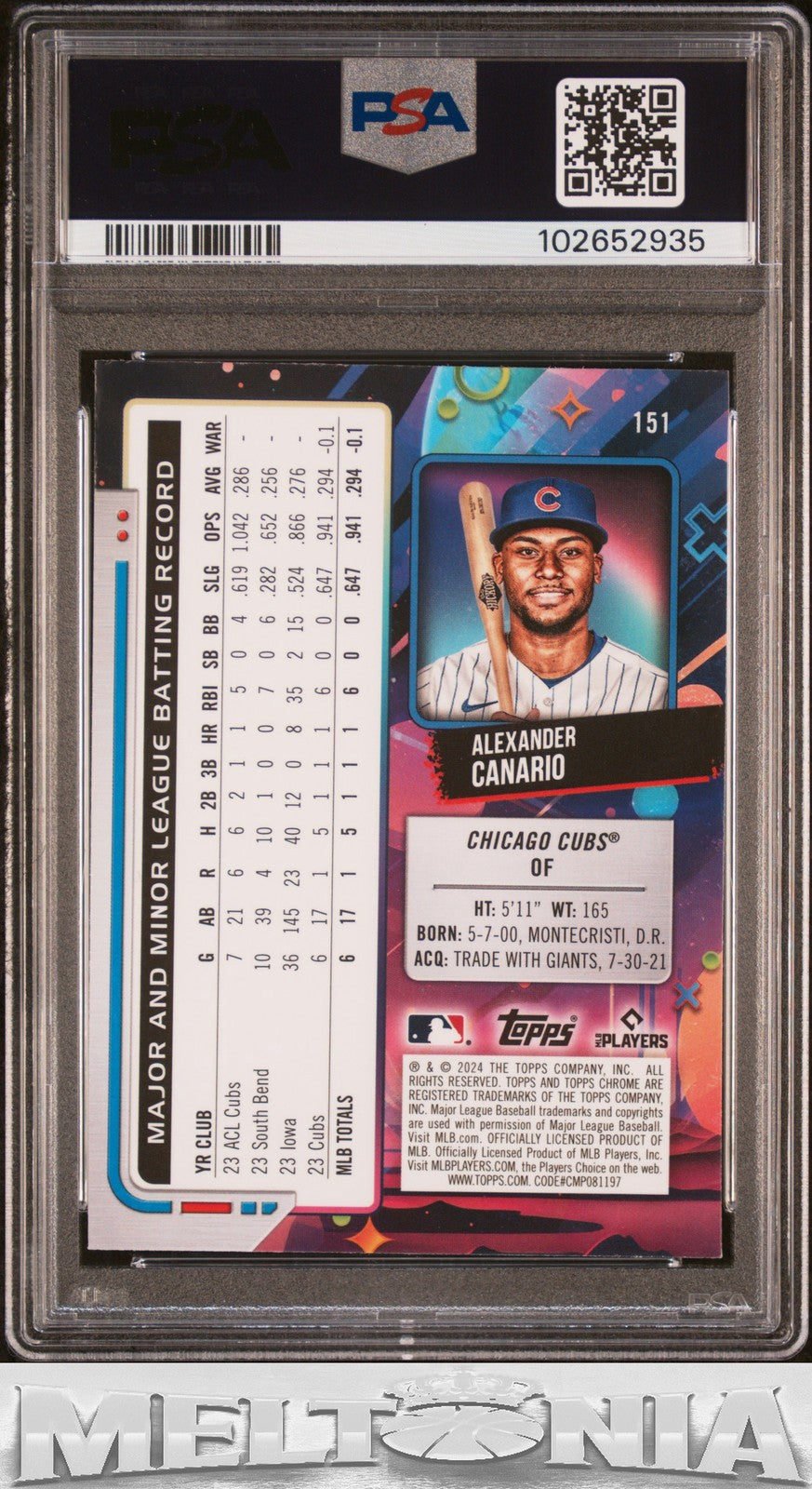 Alexander Canario 2024 Topps Chrome Cosmic #151 White Hole Refractors PSA 9 RC