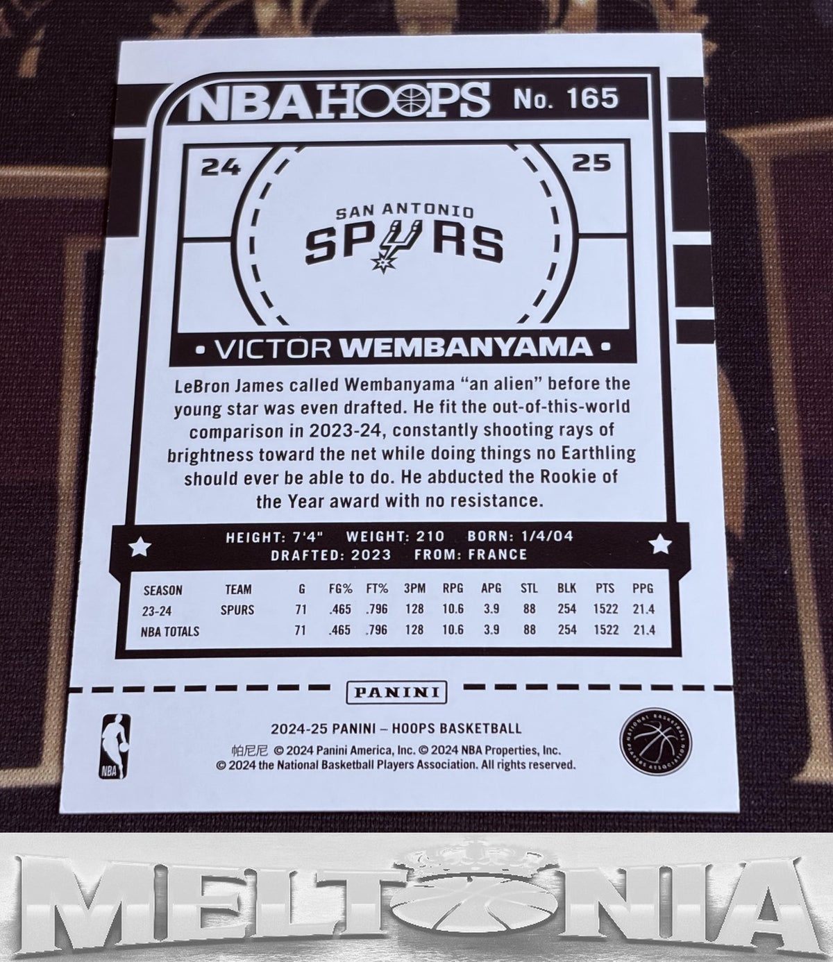 Victor Wembanyama 2024-25 Hoops Teal 015/175 card, back