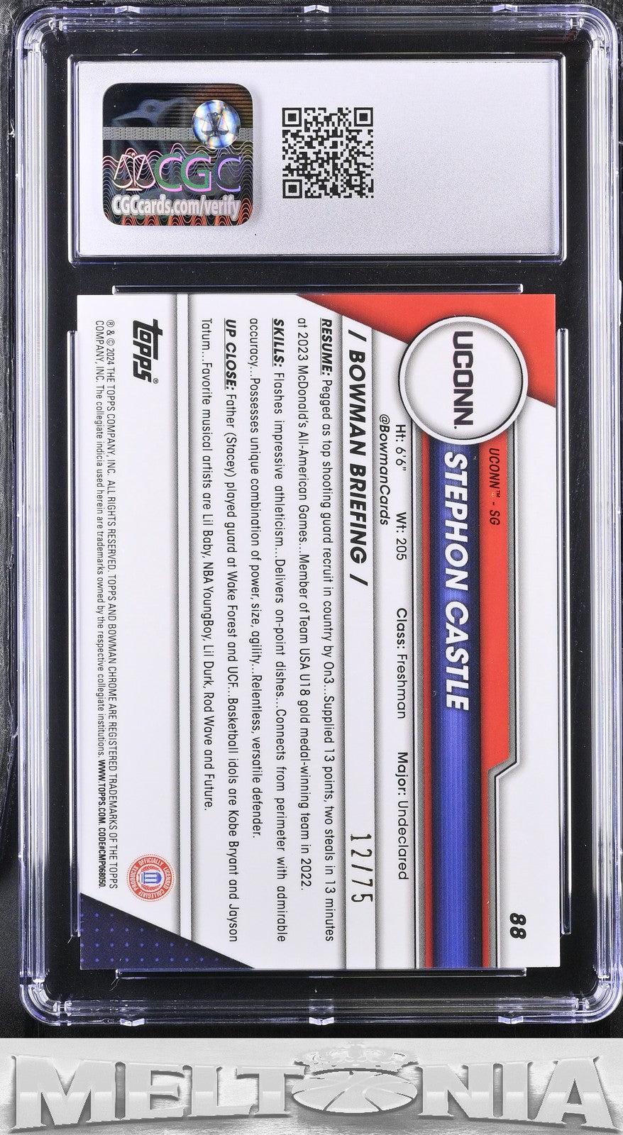 Stephon Castle 2023-24 BowmanU Chrome #88 Yellow Refr 12/75 CGC 9 RC