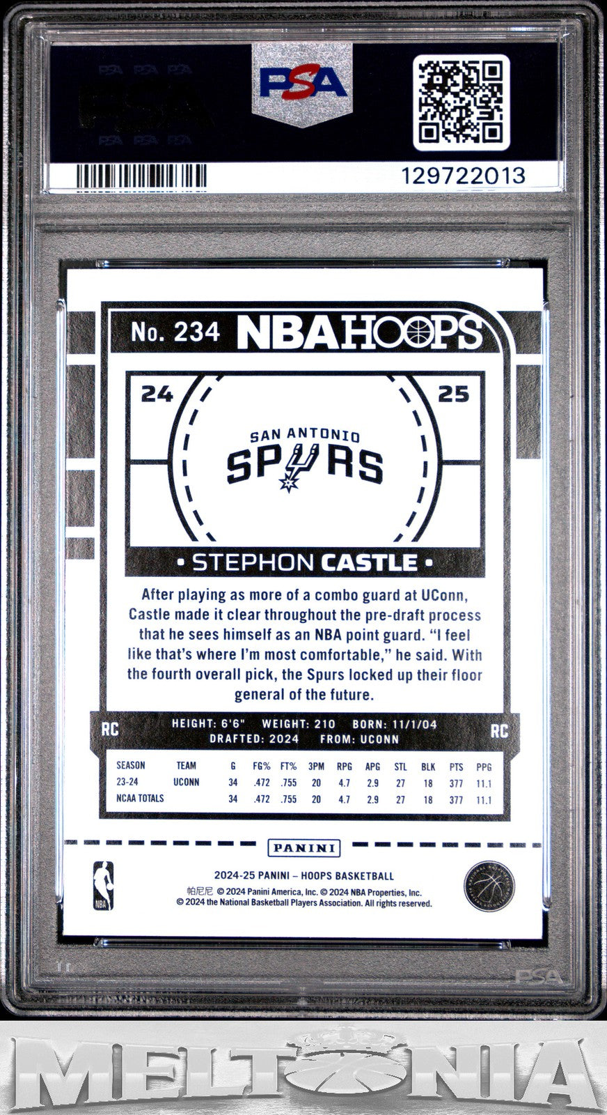 Stephon Castle 2024-25 Hoops #234 Yellow Flood PSA 9 RC