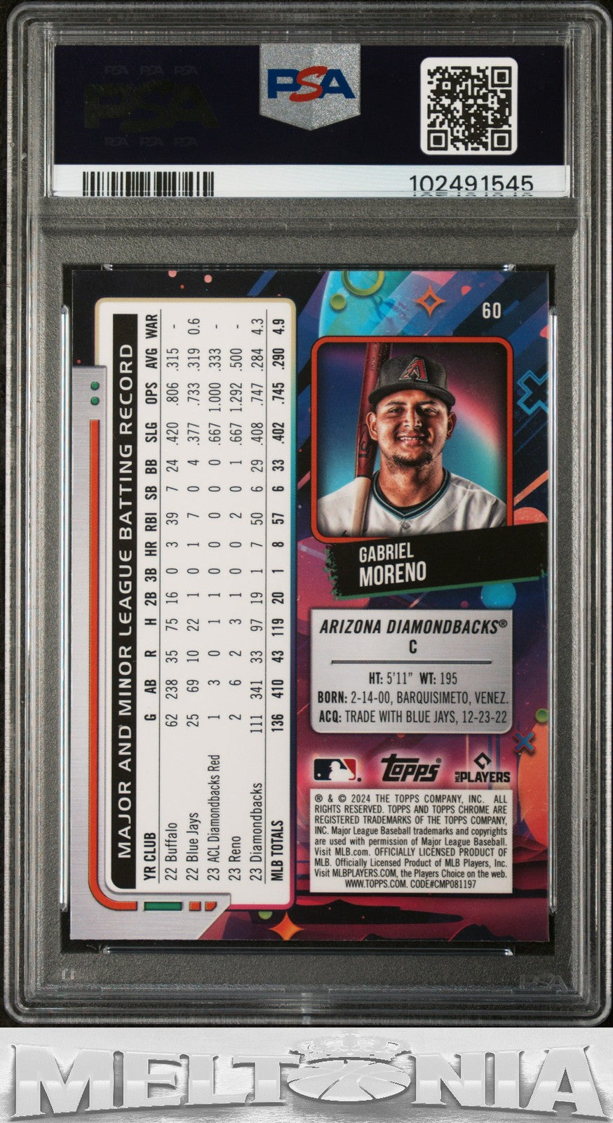 Gabriel Moreno 2024 Topps Chrome Cosmic #60 White Hole Refractors PSA 10 RC