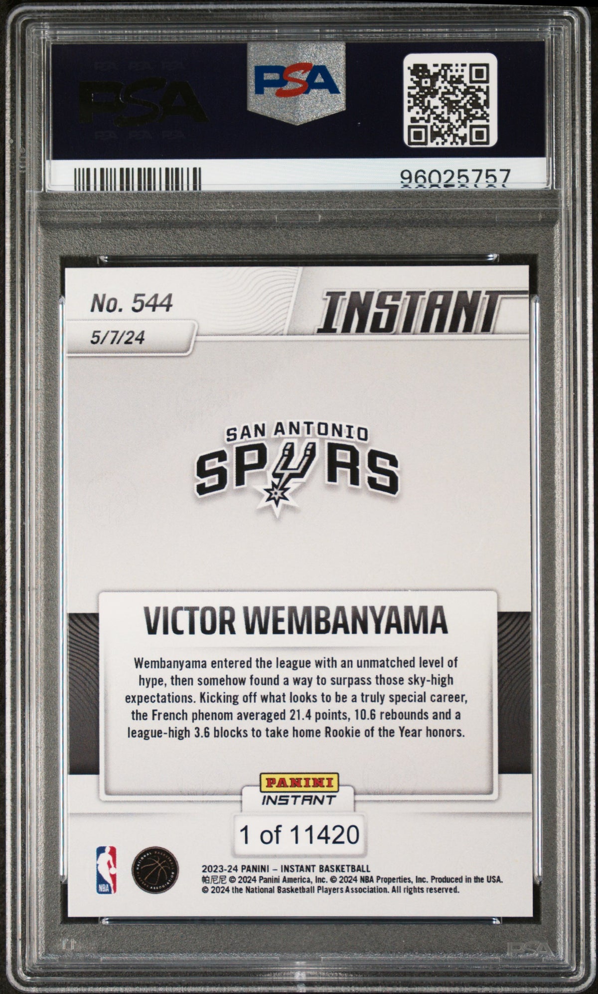 Victor Wembanyama 2023 Panini Instant /11420 rookie card, PSA 9, back