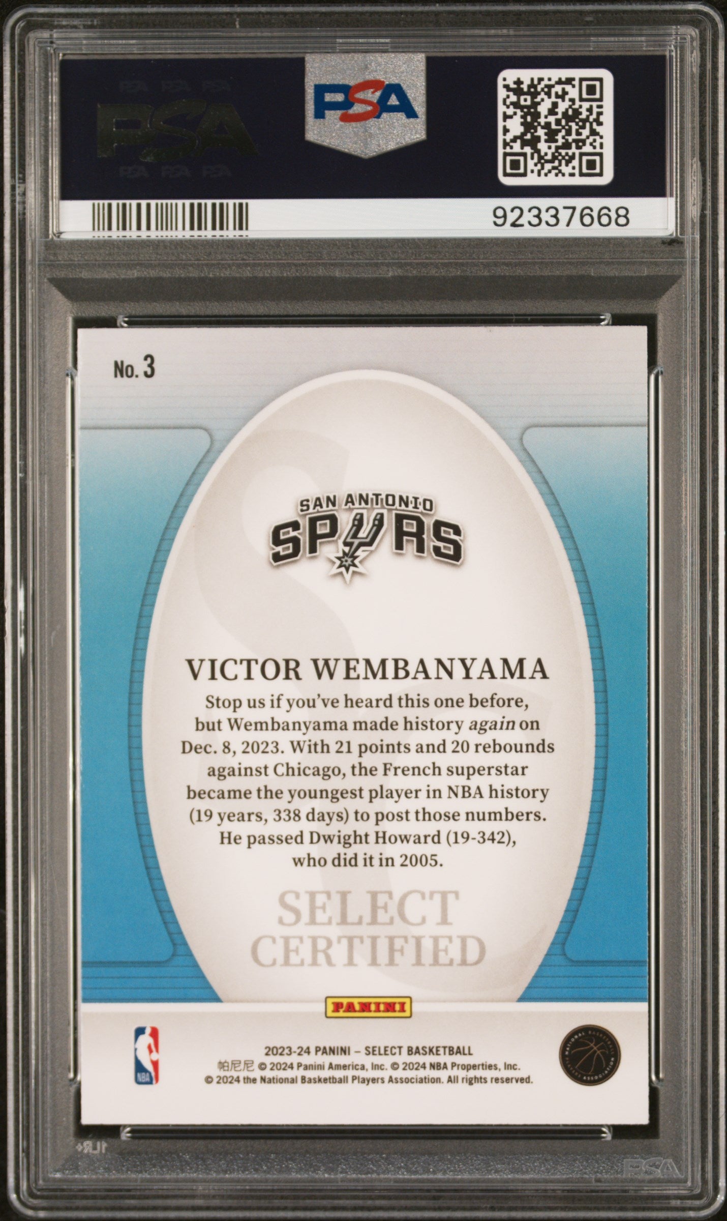 2023 Panini Select Select Certified Victor Wembanyama #3 PSA 9