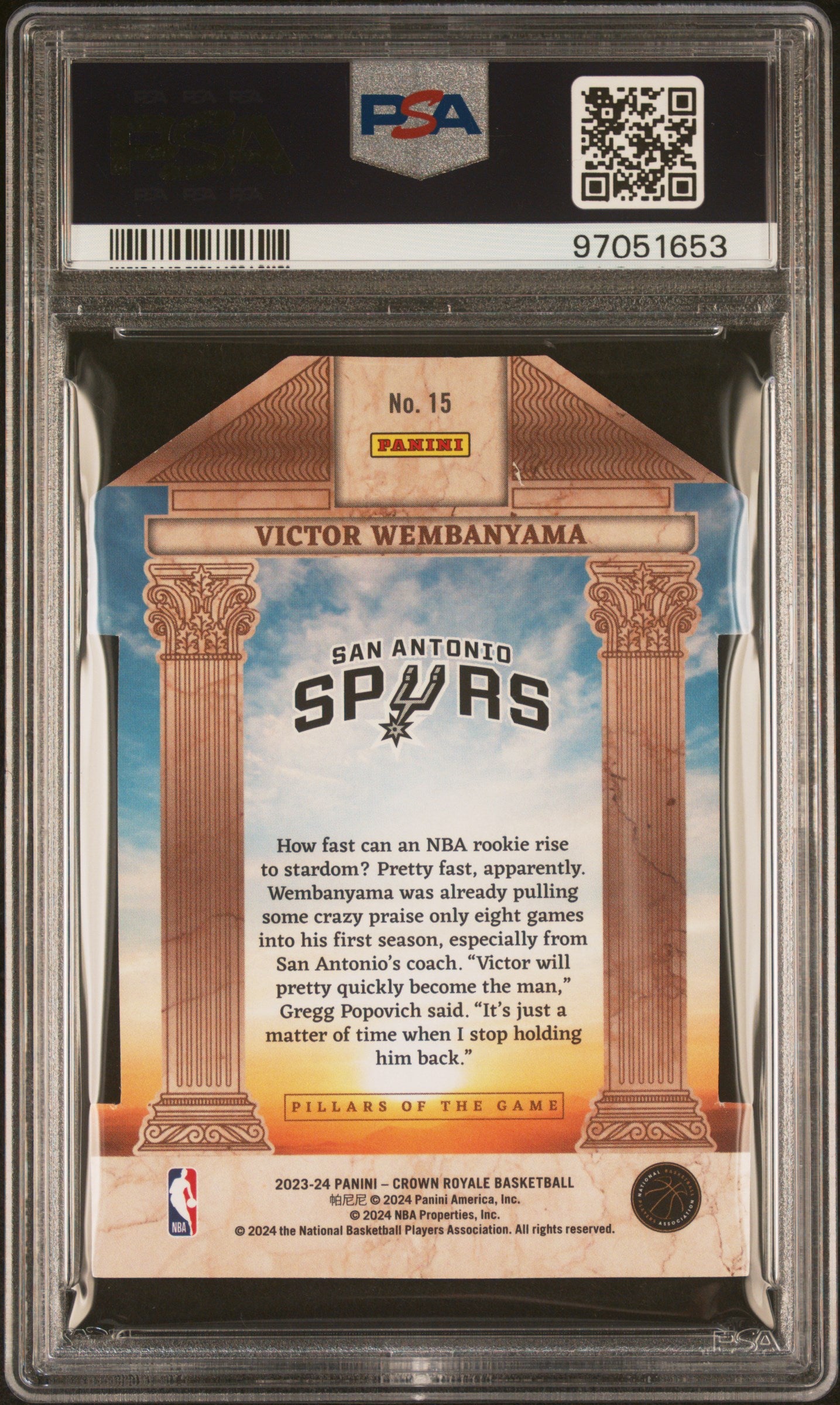 2023 Panini Crown Royale Pillars Victor Wembanyama #15 Rookie Insert PSA 9 86/99
