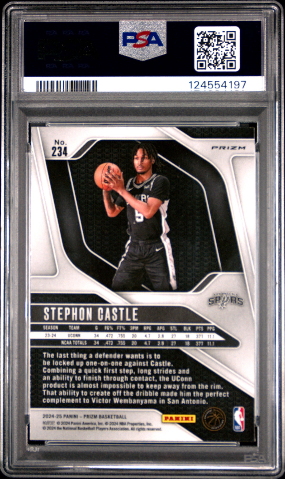 Stephon Castle 2024-25 Panini Prizm Prizms Red Ice rookie card, PSA 8, back