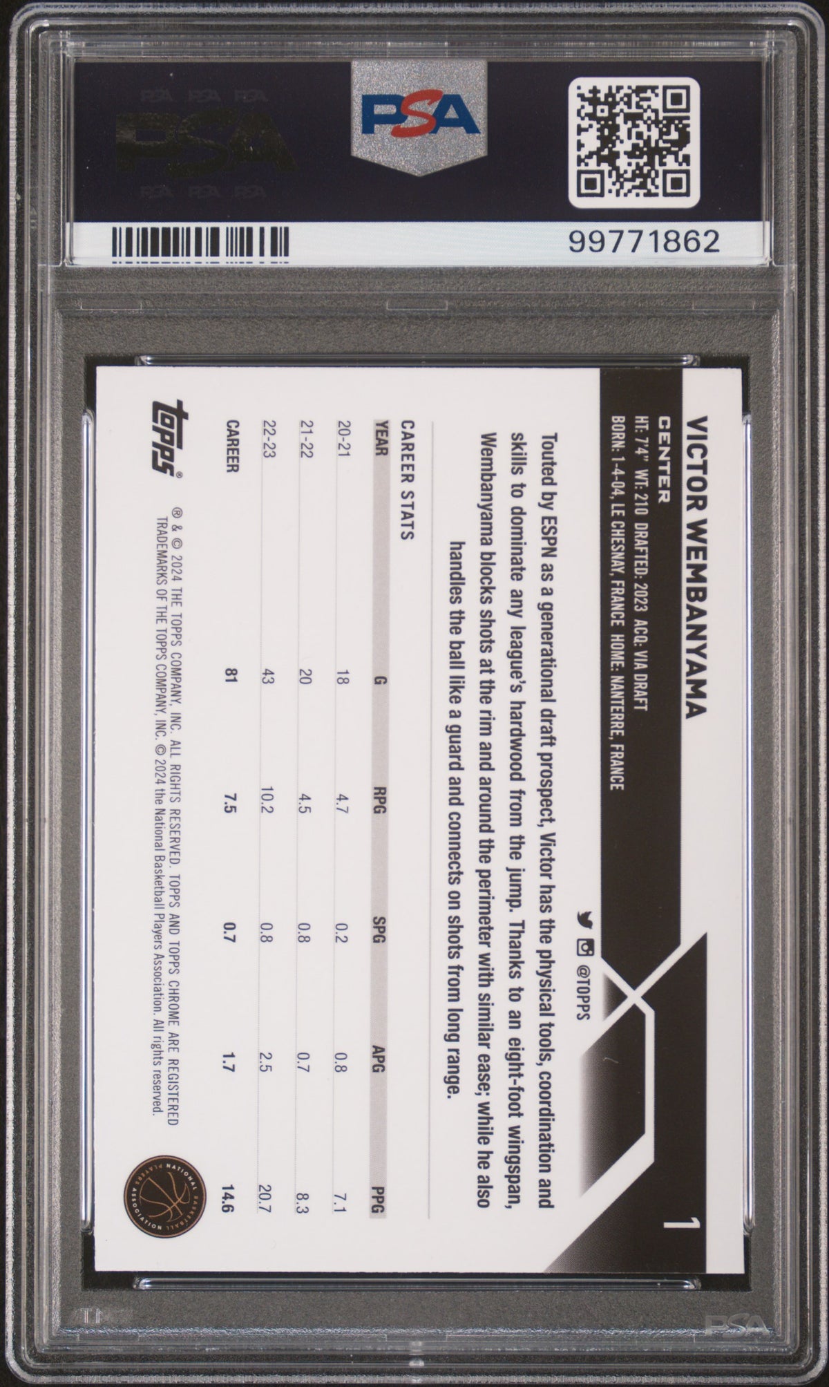 2023 Topps Chrome Victor Wembanyama #1 RC NM Mint Rookie PSA 7