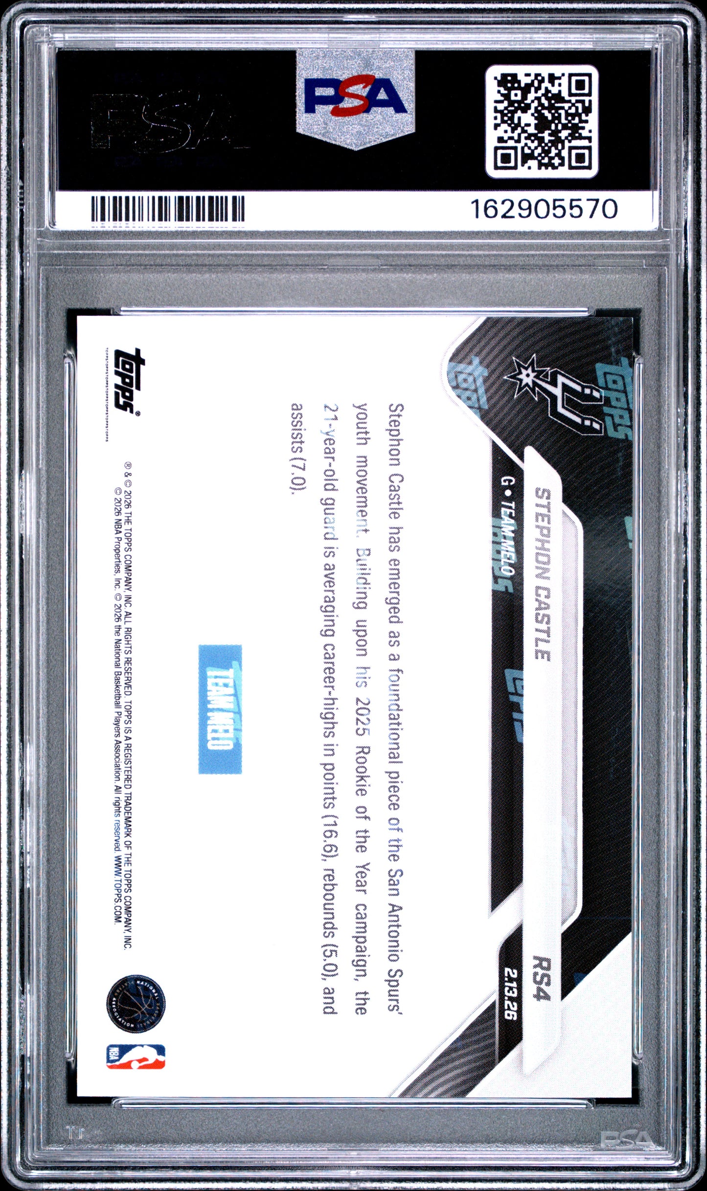 2026 Topps Now Rising Stars Stephon Castle #4 Spurs PSA 9