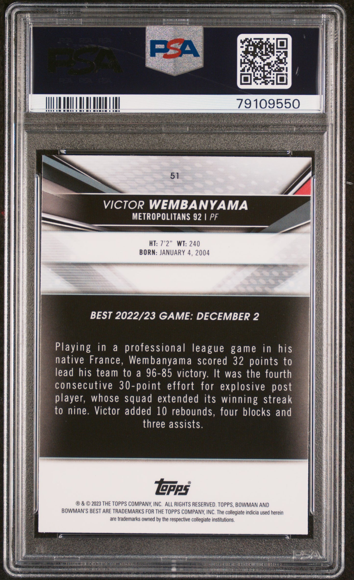Victor Wembanyama 2022-23 Bowman University Best #51 PSA 8 RC