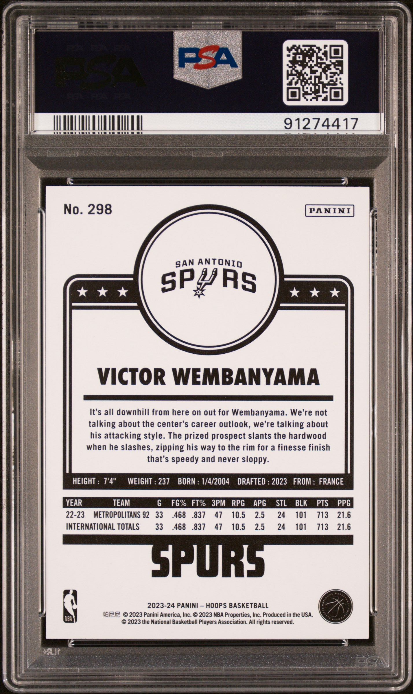 2023 Panini NBA Hoops Victor Wembanyama #298 Hyper Blue Prizm SP Mint RC PSA 9