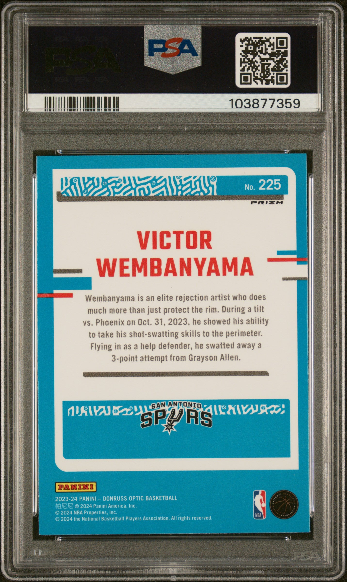 2023 Panini Donruss Optic Victor Wembanyama #225 Holo Prizm SP Mint RC PSA 9