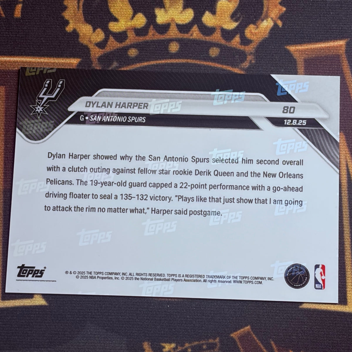 2025 Topps Now Dylan Harper #80 Spurs /1406 RC Rookie