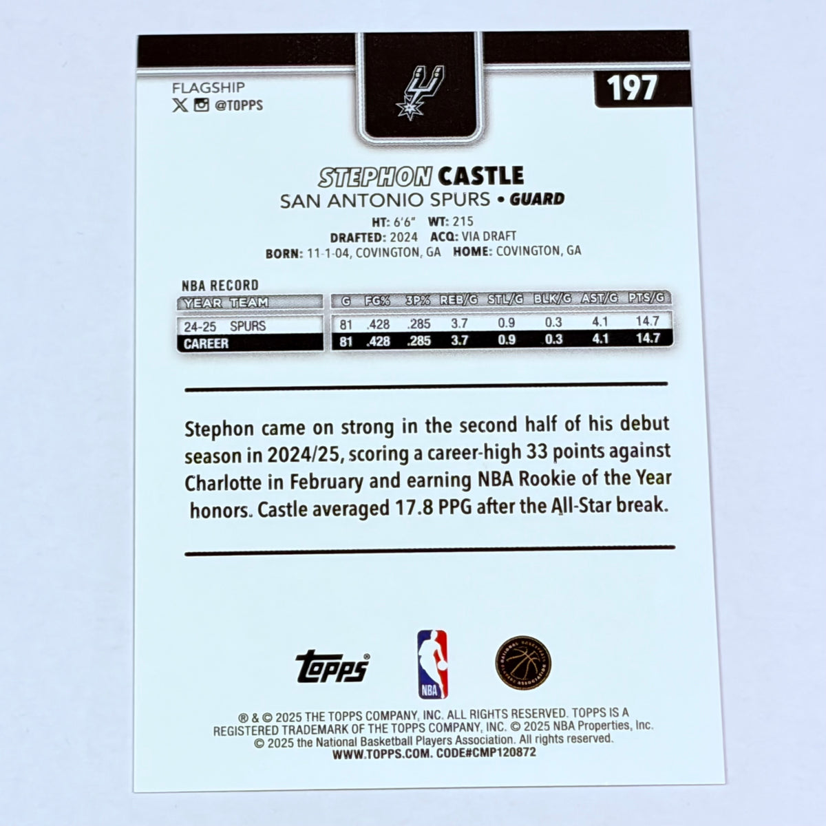 2025 Topps Flagship Stephon Castle #197 Sandglitter Spurs RC