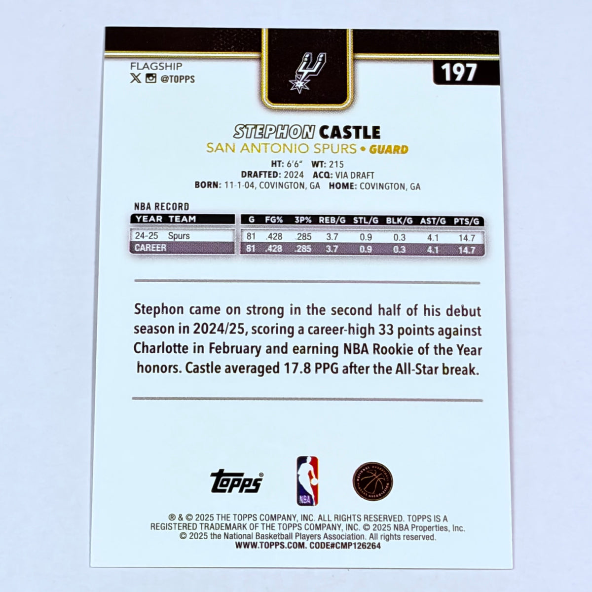 2025 Topps Flagship Blackout Stephon Castle #197 1st Team All-Rookie Seal