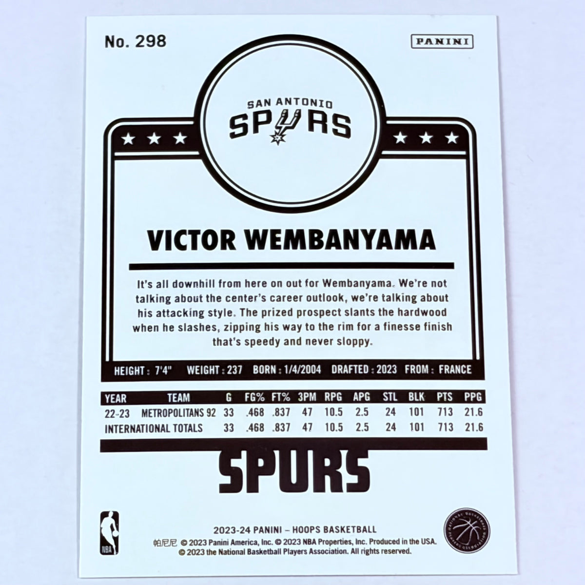 2023 Panini NBA Hoops Victor Wembanyama #298 RC