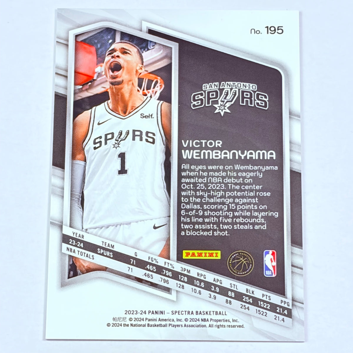 2024 Panini Spectra Spectacular Debut Victor Wembanyama #195 Rookie RC