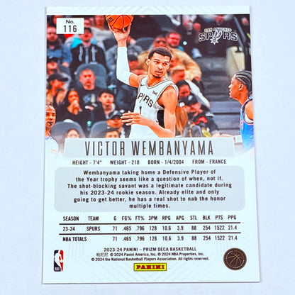 Victor Wembanyama 2023-24 Panini Prizm Deca rookie card, back