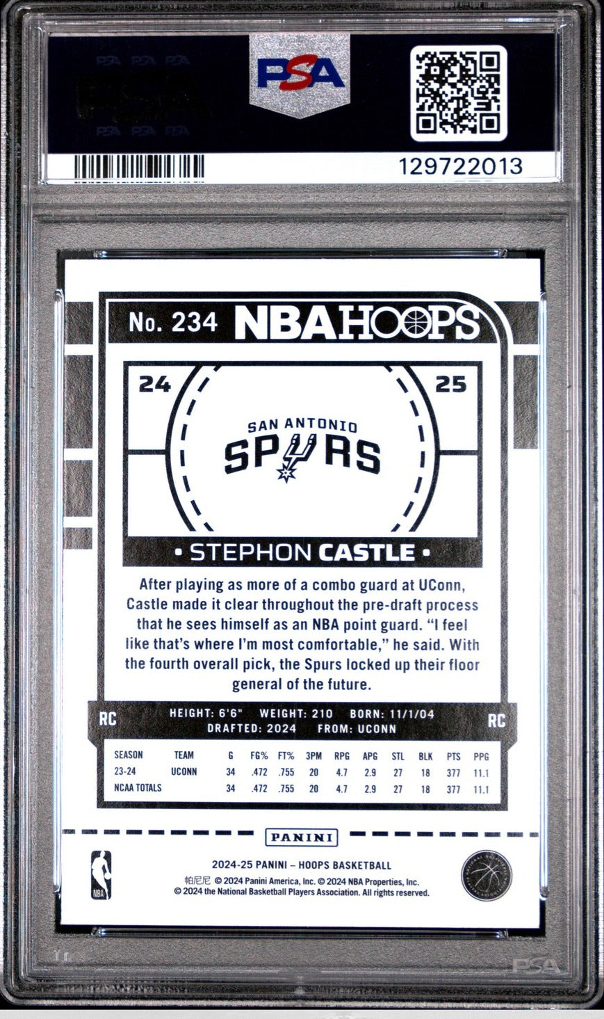 2024-25 Hoops Stephon Castle #234 Short Print Mint Rookie PSA9 POP 3 NONE HIGHER