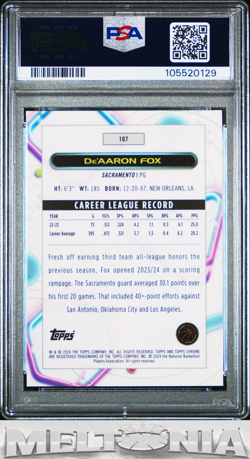 De'Aaron Fox 2023-24 Topps Chrome Cosmic #107 White Hole Refractors PSA 10