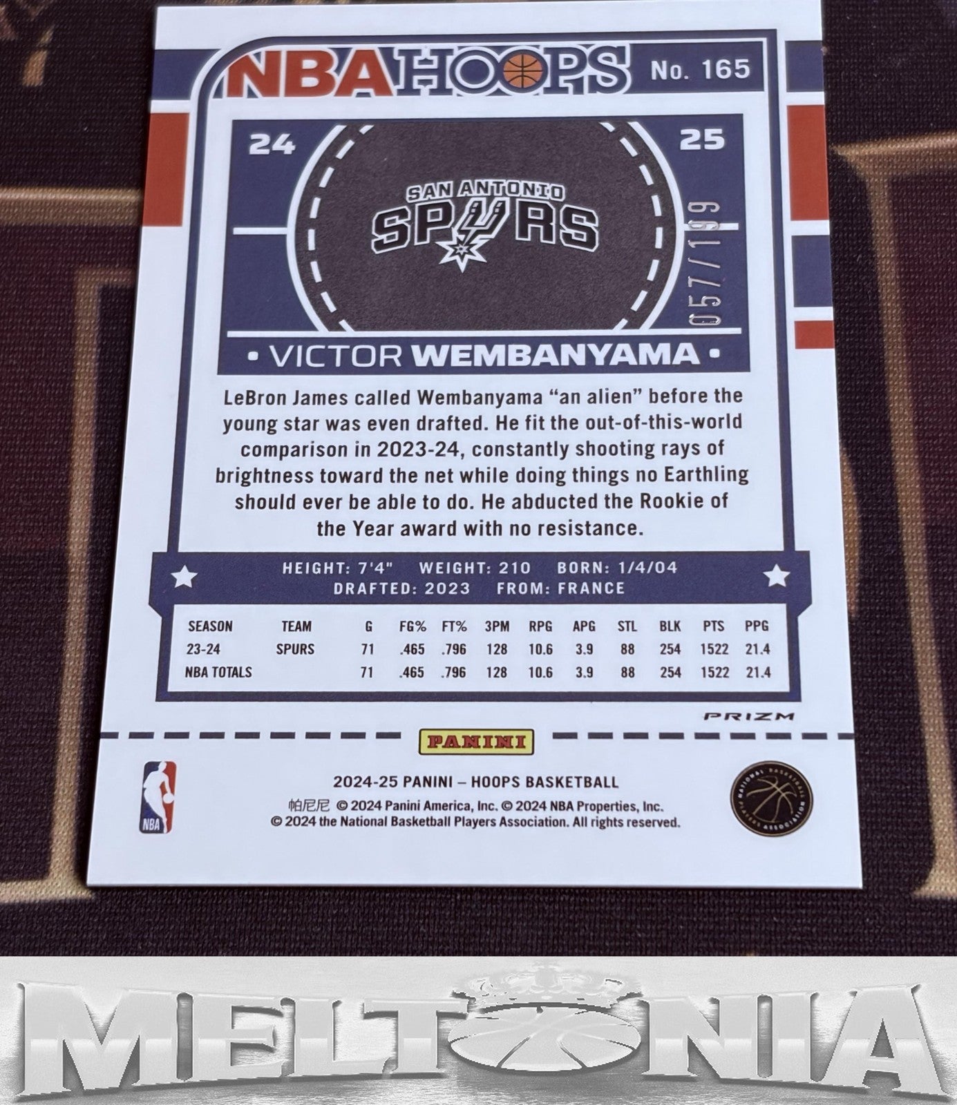 Victor Wembanyama 2024-25 Hoops #165 Premium Prizms Orange 057 /199