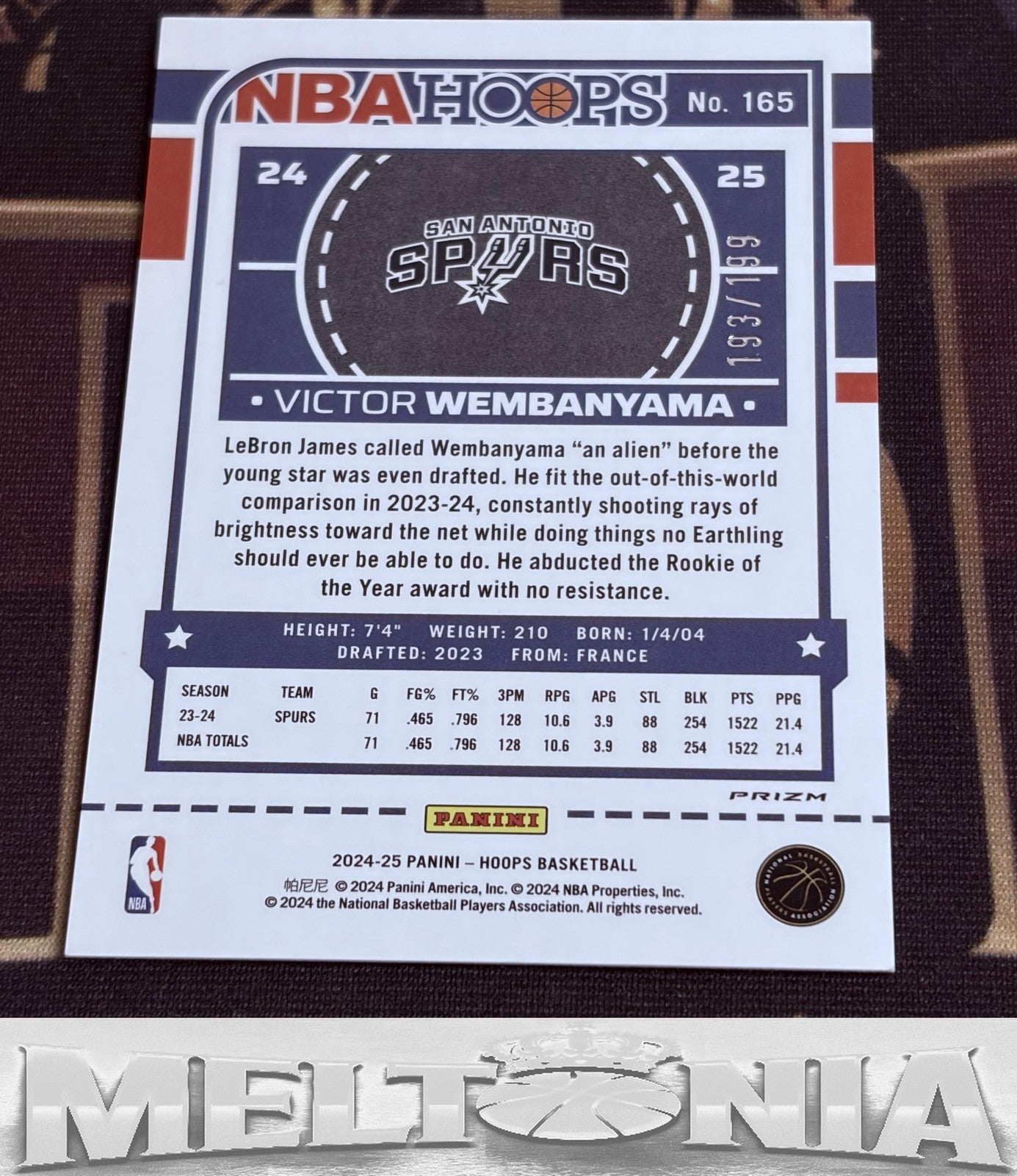 Victor Wembanyama 2024-25 Hoops #165 Premium Prizms Pulsar Red 193/199