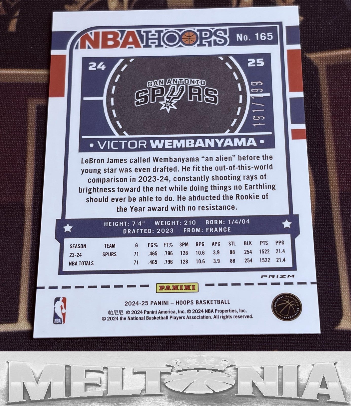 Victor Wembanyama 2024-25 Hoops #165 Premium Prizms Pulsar Red 191/199