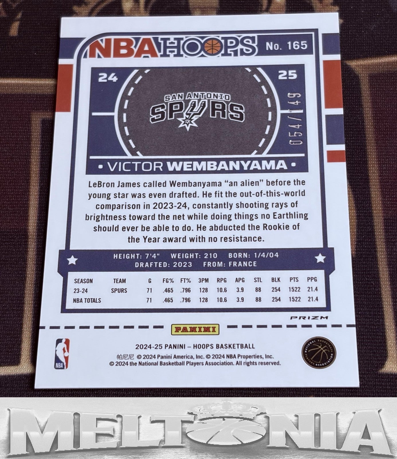 Victor Wembanyama 2024-25 Hoops #165 Premium Prizms Lime Green 054/149