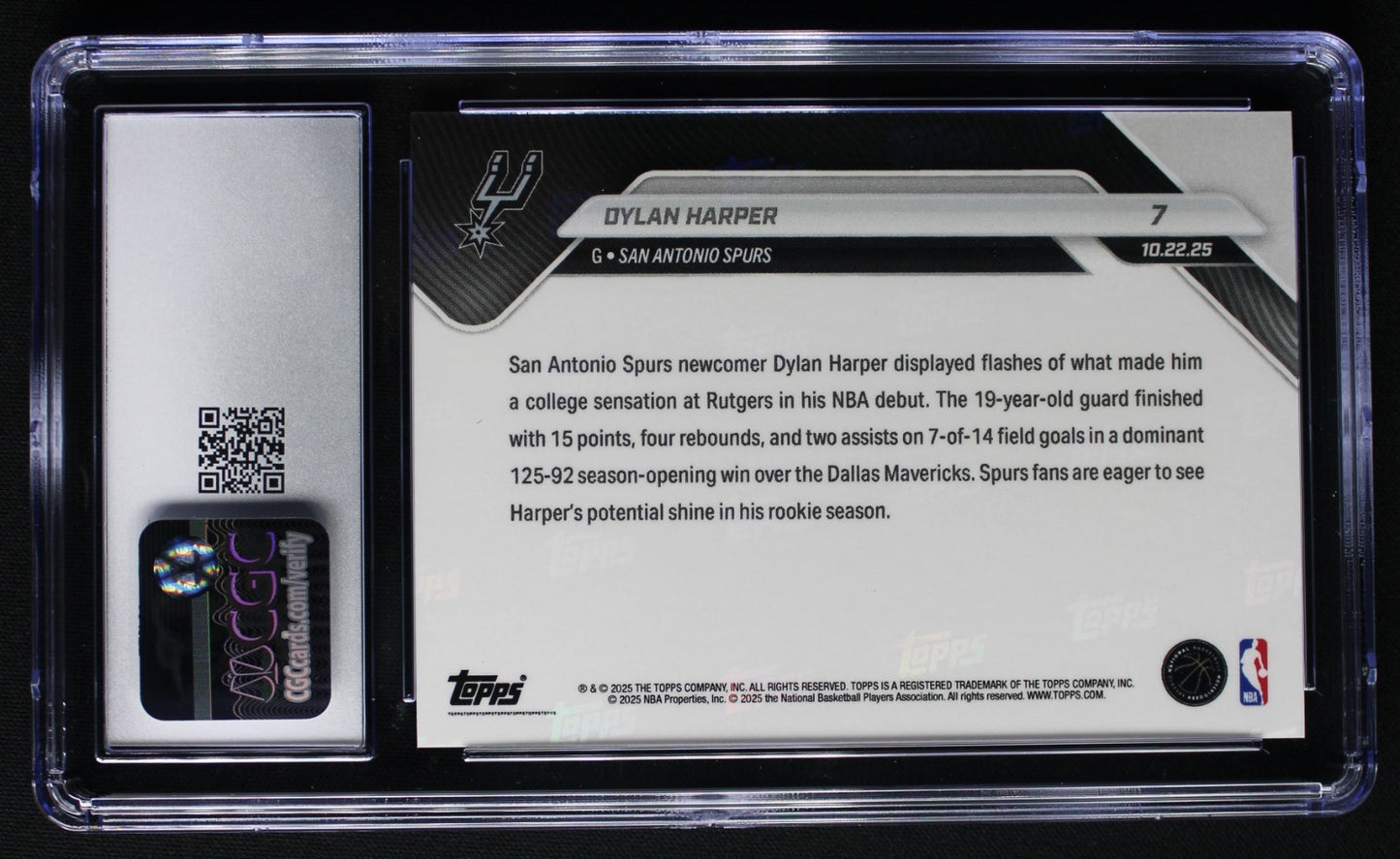 2025-26 Topps Now NBA Dylan Harper #7 Short Print /6491 Low Pop Rookie CGC 9