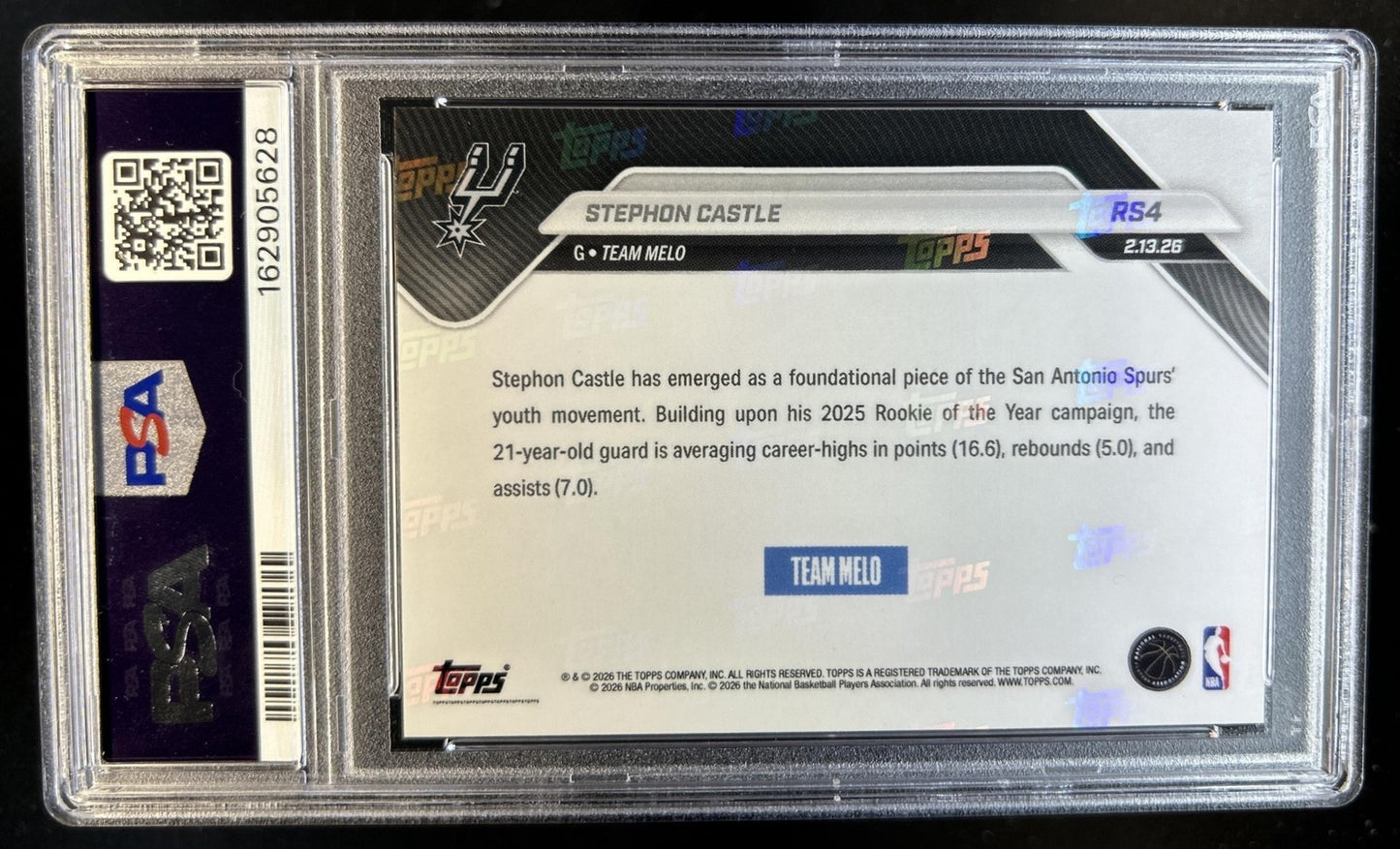 2026 Topps Now Castrol Rising Stars Stephon Castle #4 Holo Foil Spurs PSA 8