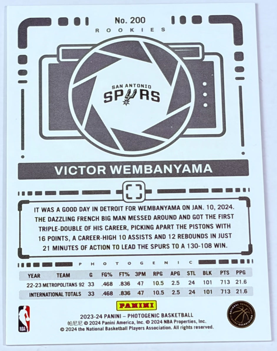 Victor Wembanyama 2023-24 Panini Photogenic rookie card, back