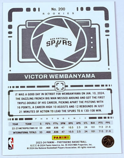 Victor Wembanyama 2023-24 Panini Photogenic rookie card, back