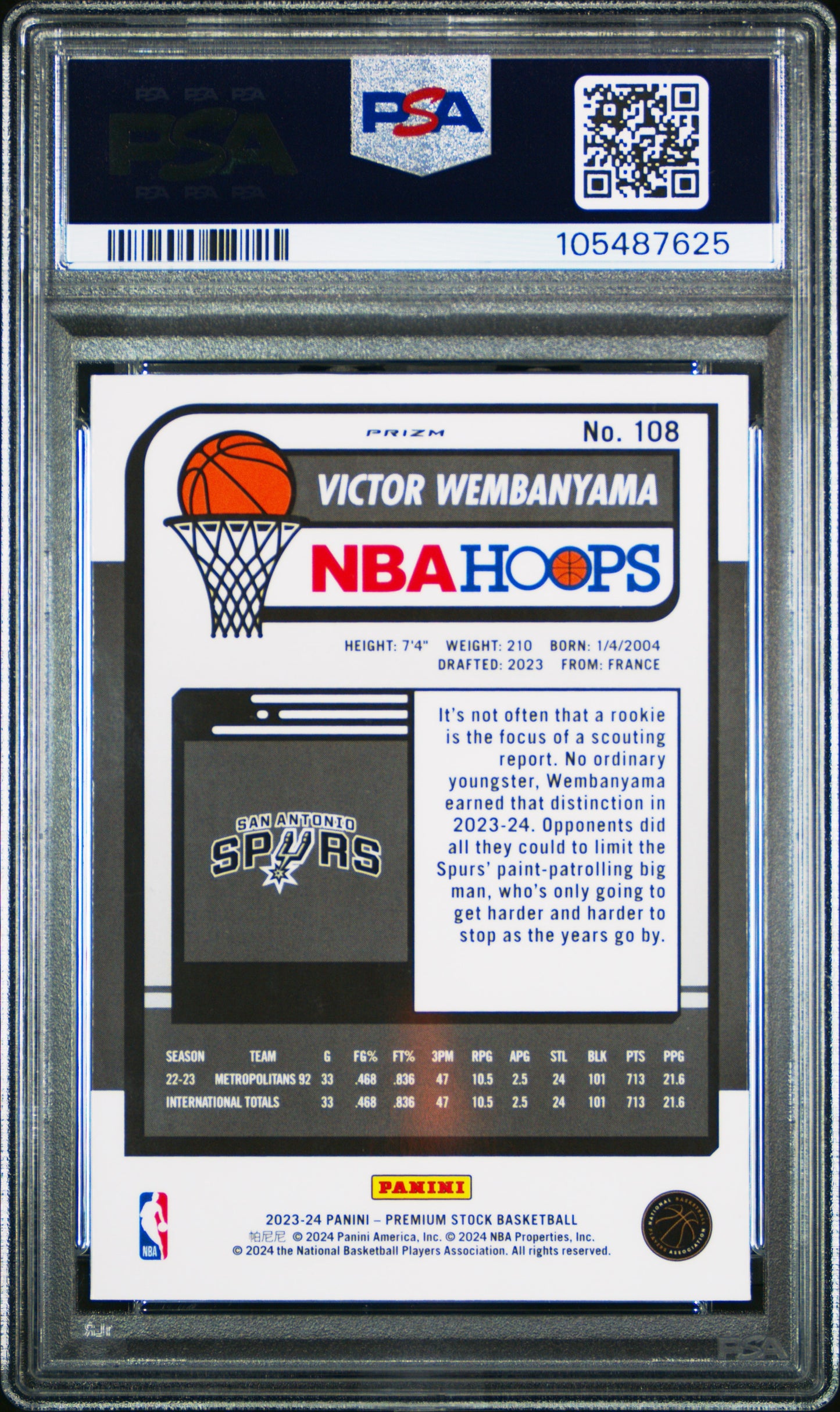 Victor Wembanyama 2023-24 Hoops Premium Stock #108 Ice Prizm PSA 9 RC