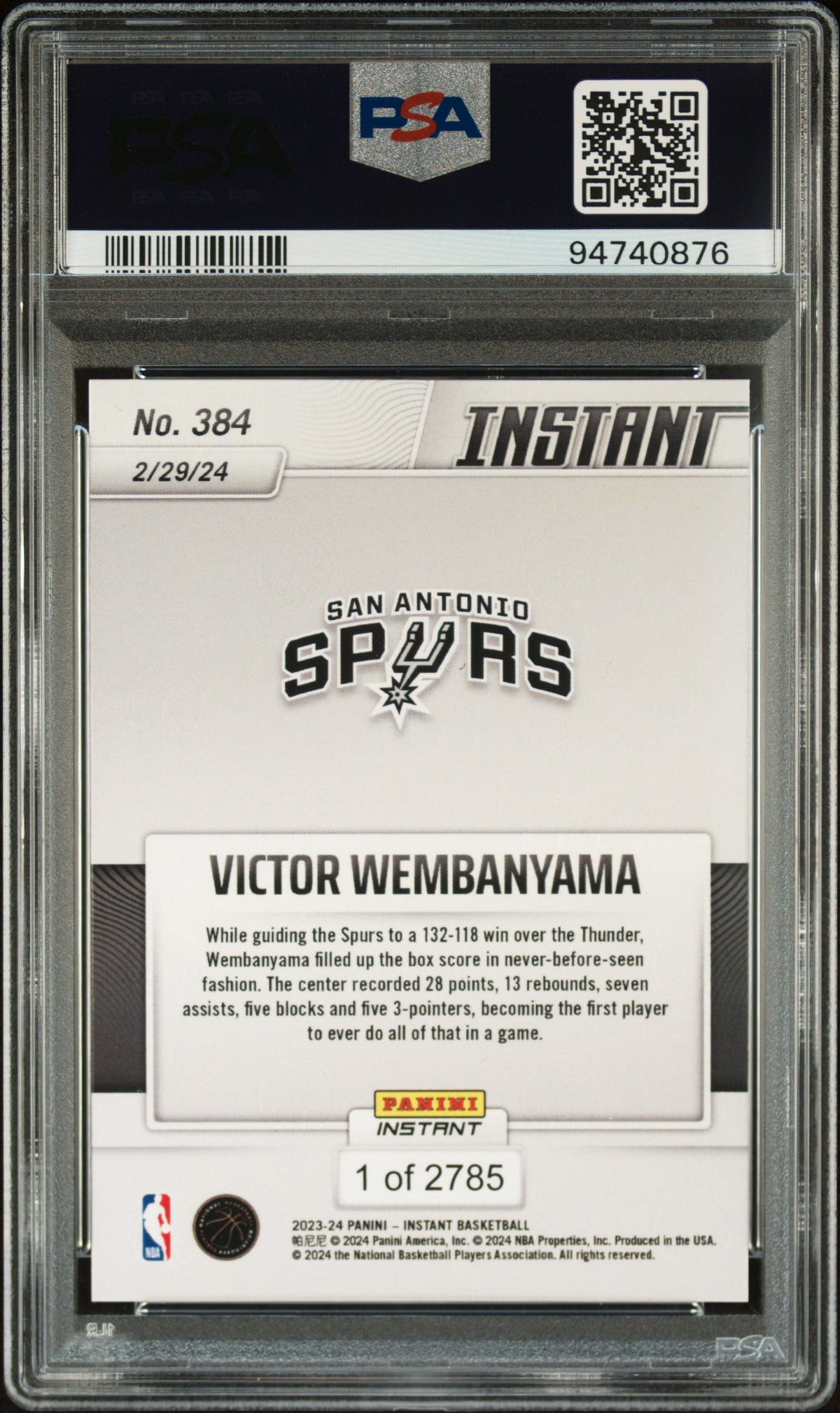Victor Wembanyama 2023 Panini Instant /2785 rookie card, PSA 9, back