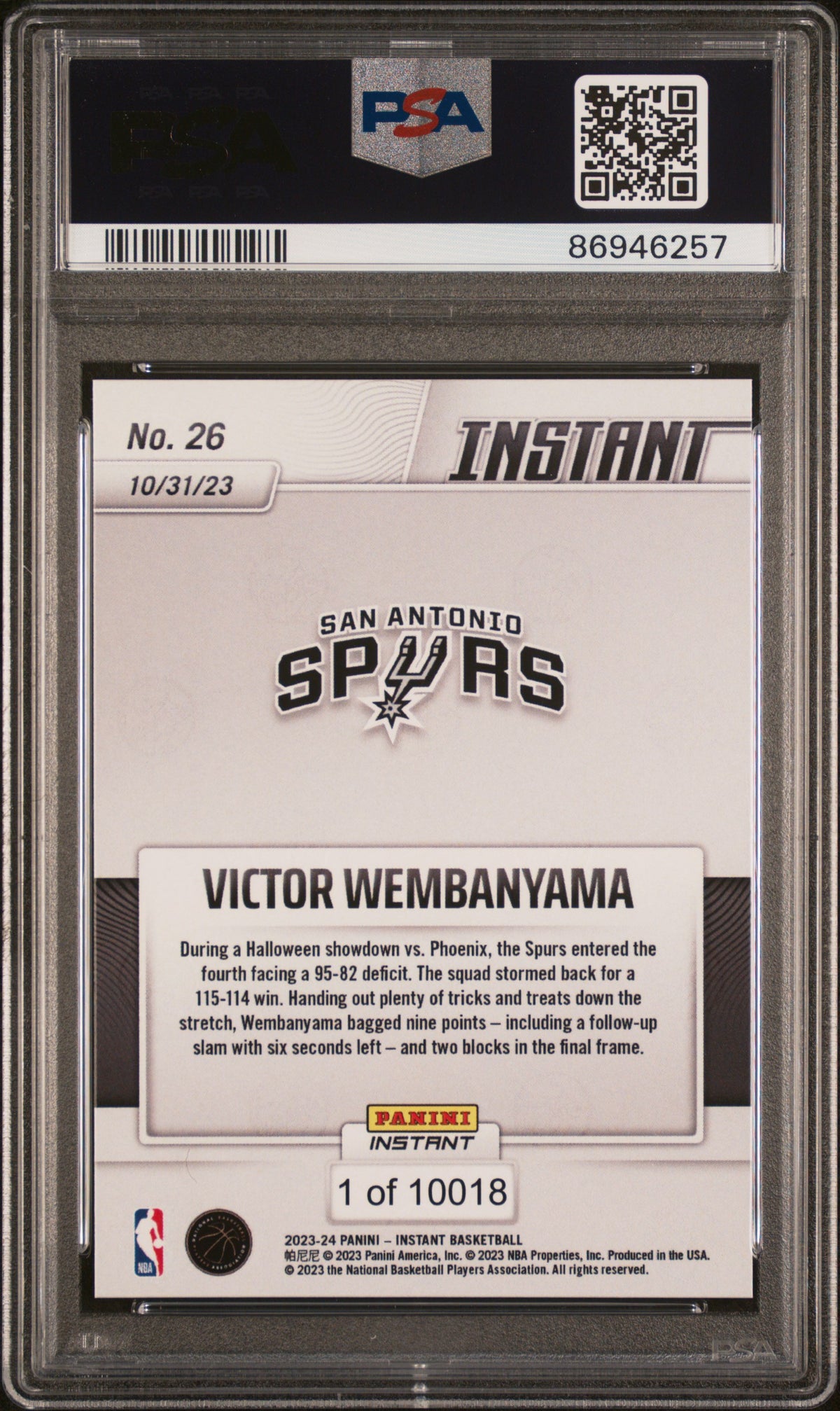 Victor Wembanyama 2023-24 Panini Instant rookie card, PSA 10, back