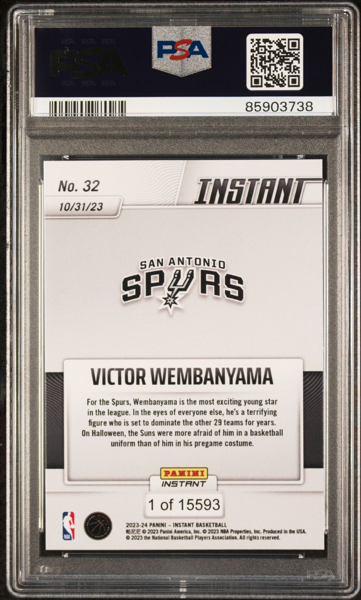 Victor Wembanyama 2023-24 Panini Instant Slenderman /15593 rookie card, PSA 9, back