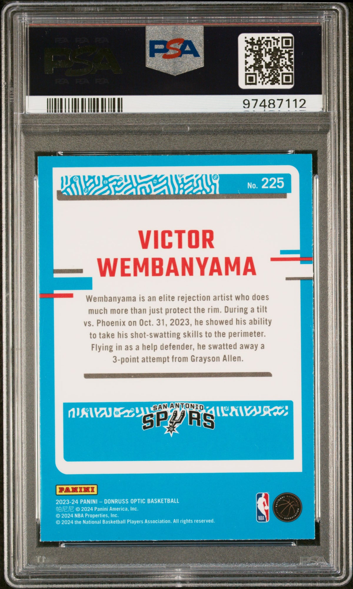2023-24 Donruss Optic Victor Wembanyama #225 PSA 8 back