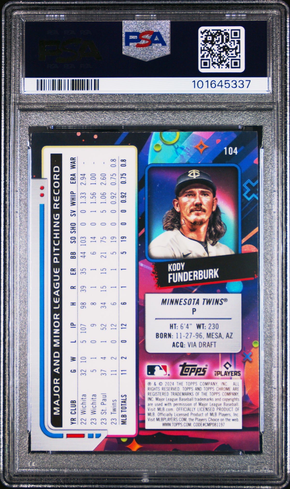 Kody Funderburk 2024 Topps Chrome Cosmic #104 White Hole Refractors PSA 9 RC