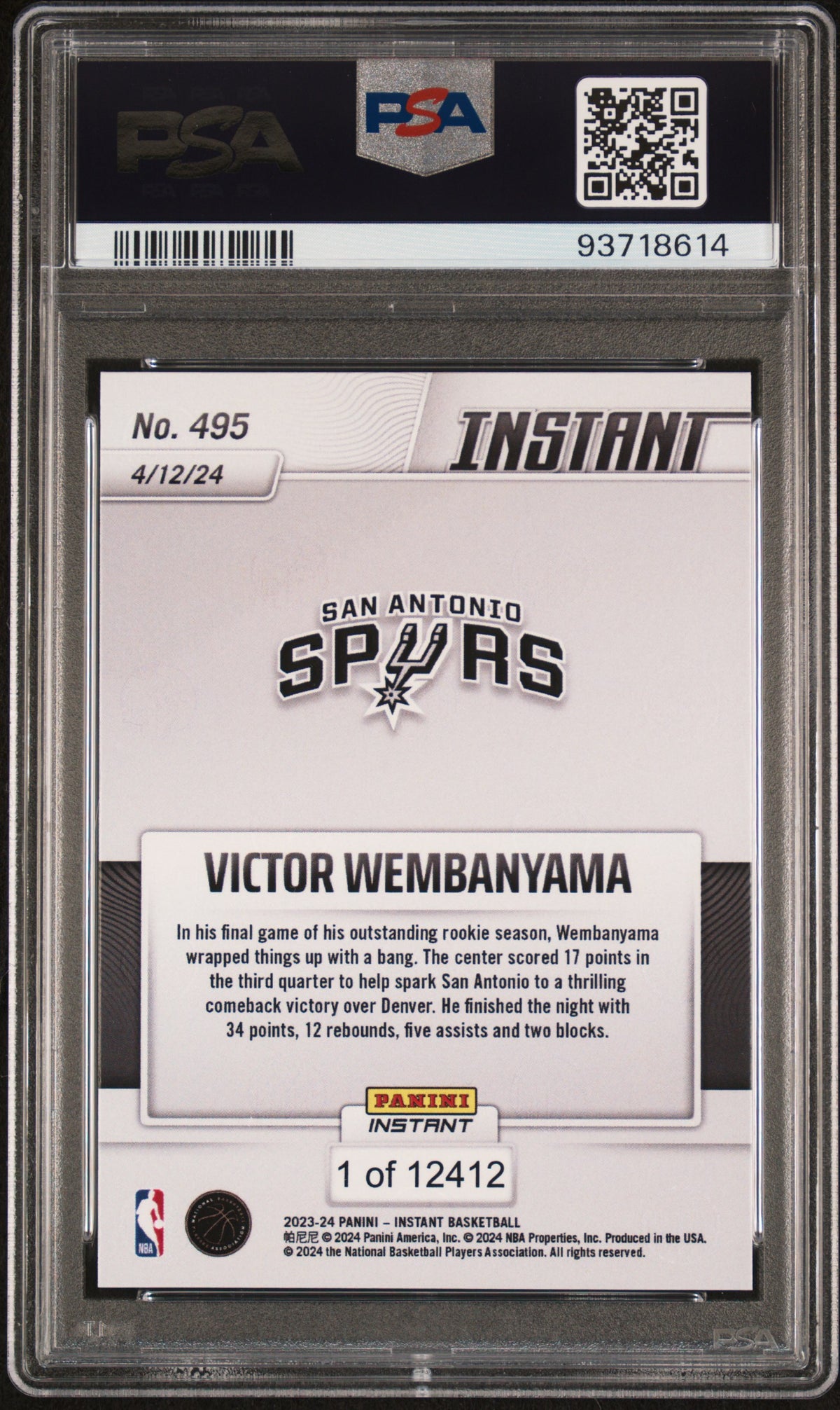 Victor Wembanyama 2023-24 Panini Instant rookie card, PSA 9, back