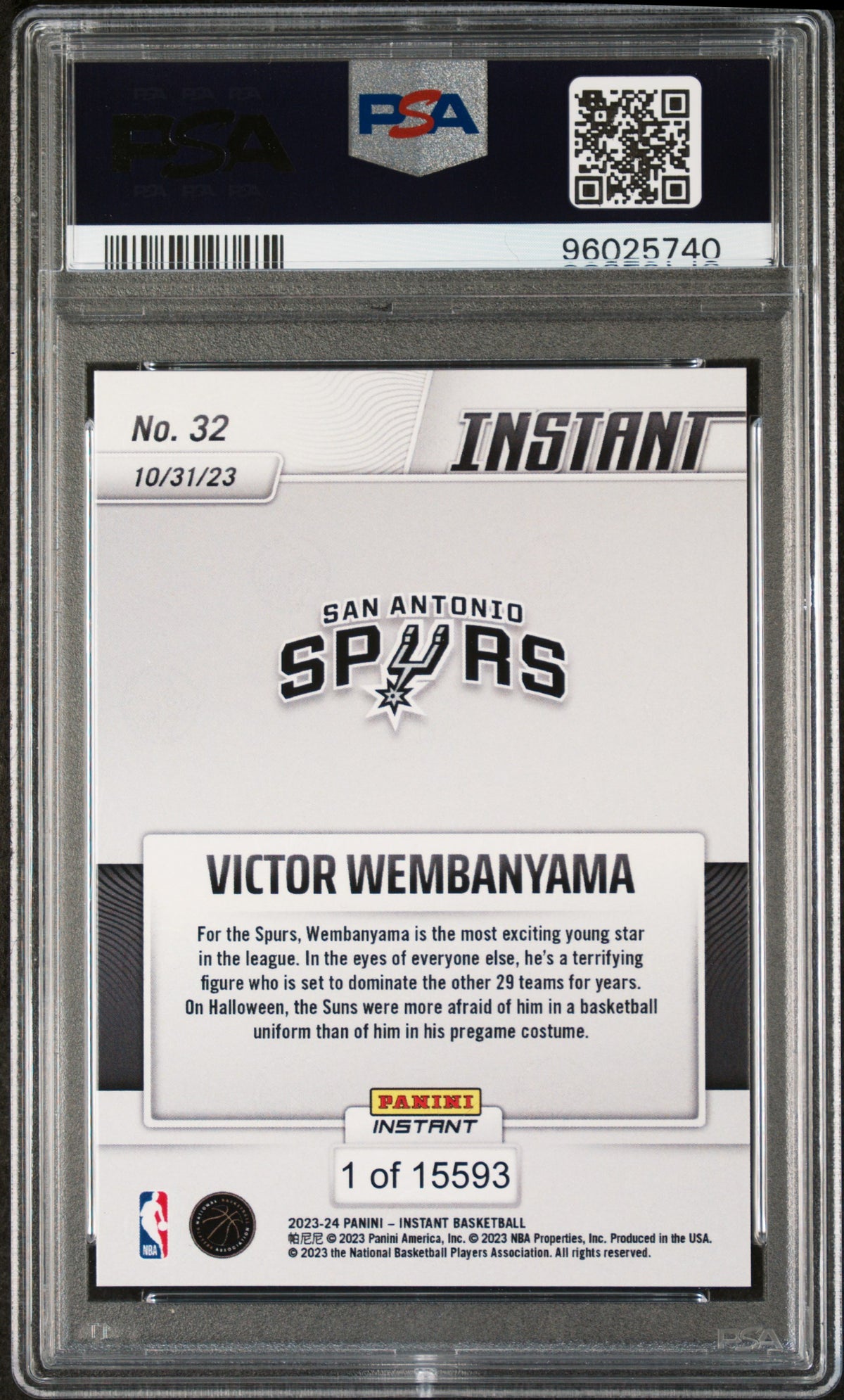 Victor Wembanyama 2023-24 Panini Instant rookie card, PSA 8, back
