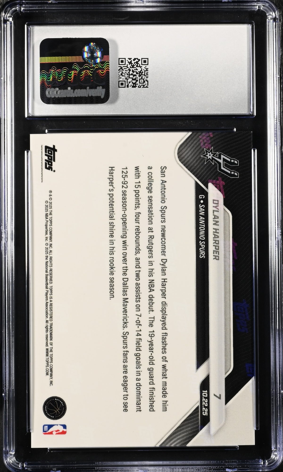 Dylan Harper 2025-26 Topps Now Pick Debut /6491 rookie card, CGC 9, back