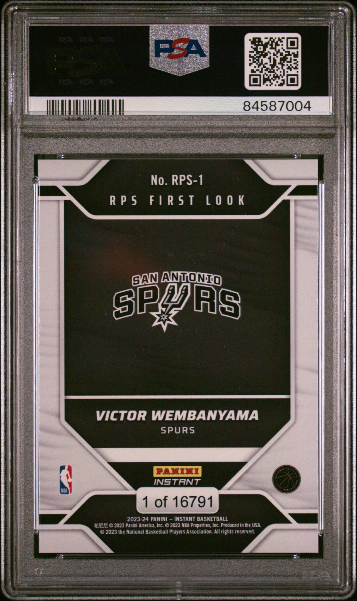 Victor Wembanyama 2023-24 Panini Instant RPS First Look rookie card, PSA 10, back