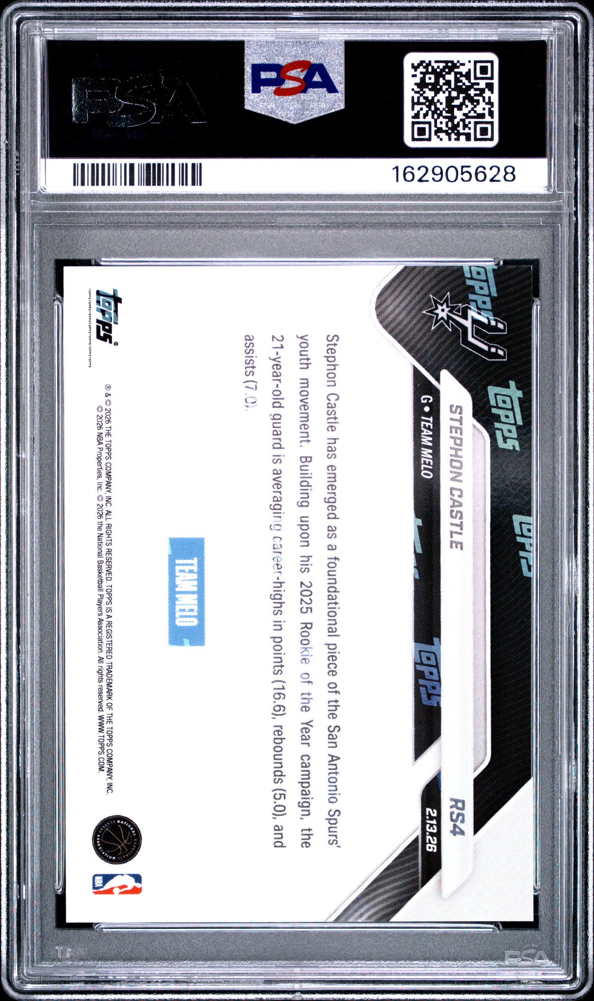 2026 Topps Now Rising Stars Stephon Castle #4 Holo Foil SP NM/Mint PSA 8 Spurs