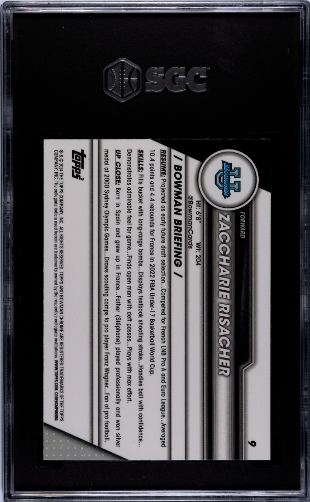 Zaccharie Risacher 2023-24 1st BowmanU Chrome Pink Refractor rookie card, SGC 8, back