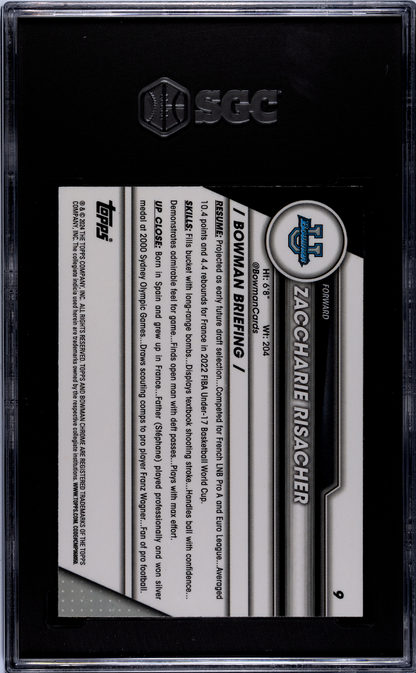 Zaccharie Risacher 2023-24 1st BowmanU Chrome Pink Refractor rookie card, SGC 8, back