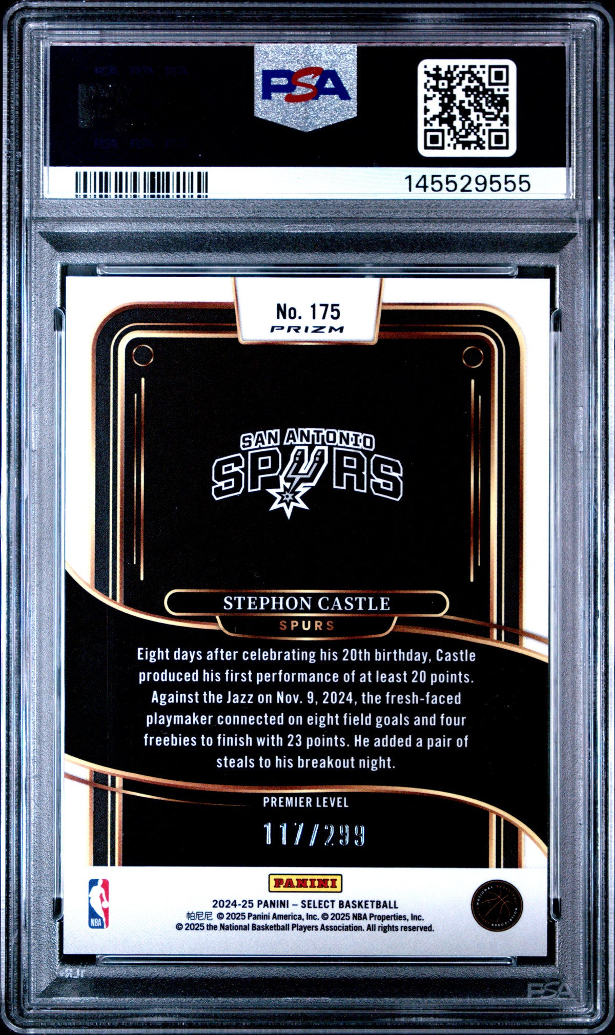 2024 Panini Select Stephon Castle #175 Light Blue Prizm PSA 8 117/299 RC Spurs