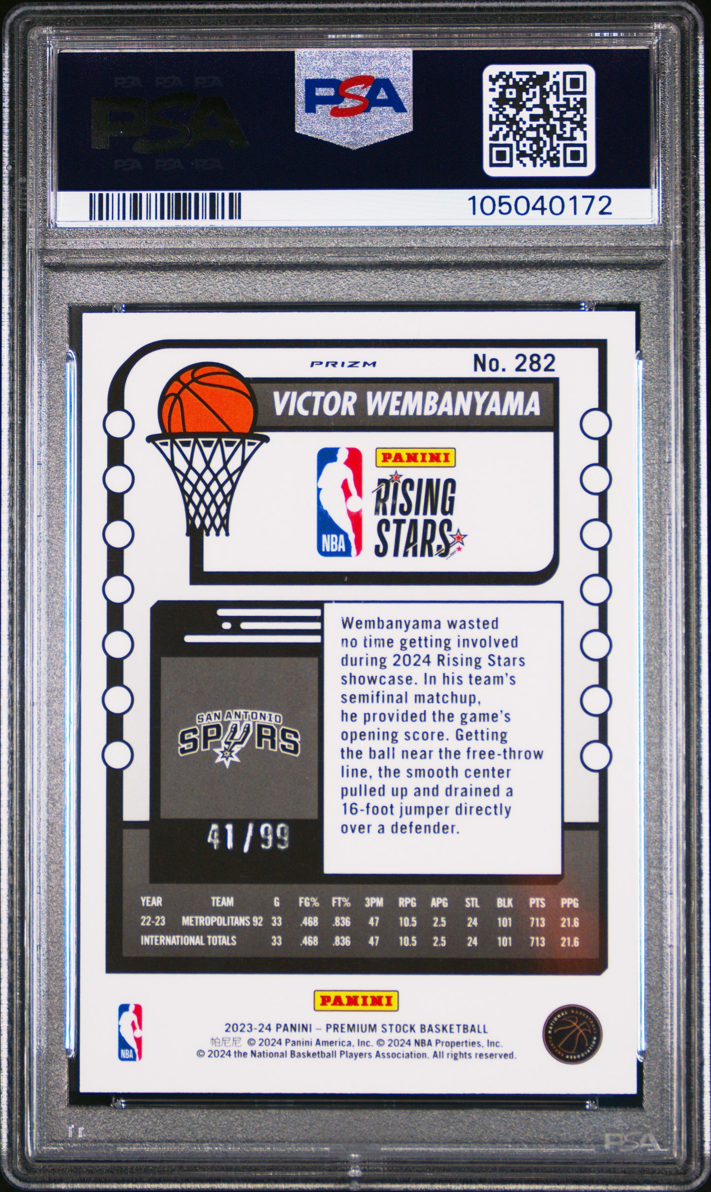 Victor Wembanyama 2023-24 Hoops Premium Stock #282 Blue Seismic Prizm 41/99 PSA9
