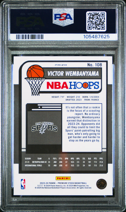 2023-24 Hoops Premium Stock Victor Wembanyama #108 Ice Prizm PSA 9 back
